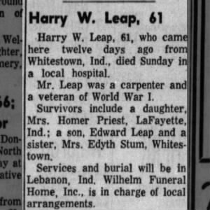 Obituary for Harry W. Leap